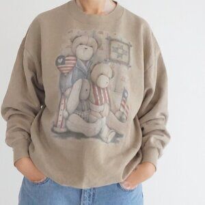 Vintage Jerzees Taupe Teddy Bear Quilt Americana Flag Patchwork Sweatshirt L